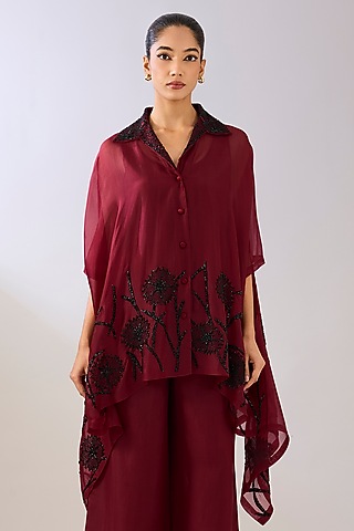 Ruby Red Silk Organza Beads Embroidered Cape by Peachoo