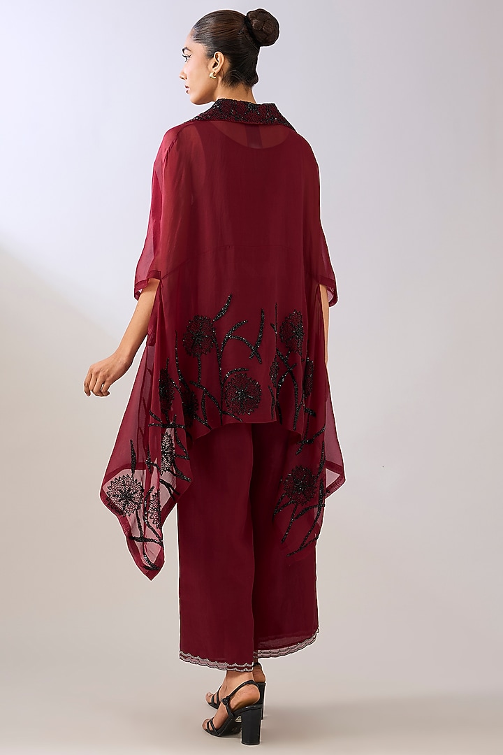 Ruby Red Silk Organza Beads Embroidered Cape by Peachoo at Pernia's Pop Up Shop