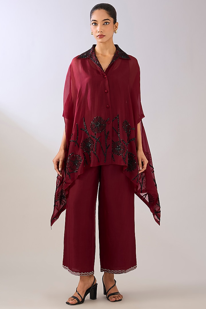 Ruby Red Silk Organza Beads Embroidered Cape by Peachoo at Pernia's Pop Up Shop