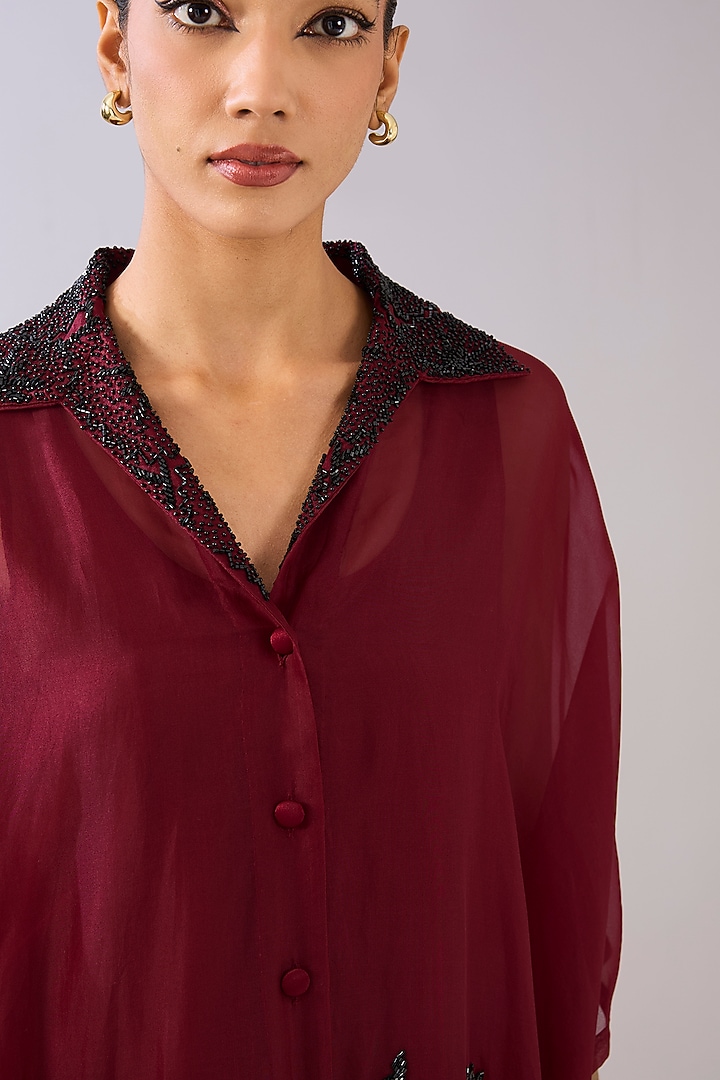 Ruby Red Silk Organza Beads Embroidered Cape by Peachoo at Pernia's Pop Up Shop
