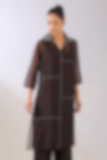 Brown Silk Organza Beads Embroidered Kurta by Peachoo at Pernia's Pop Up Shop