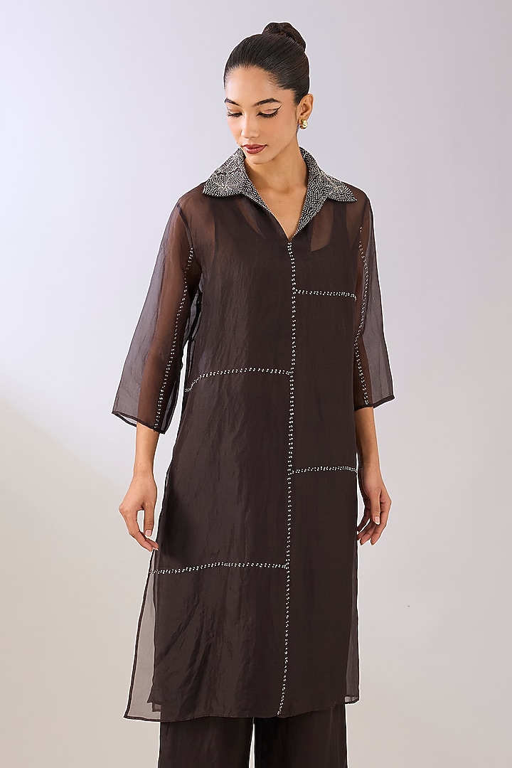 Brown Silk Organza Beads Embroidered Kurta by Peachoo at Pernia's Pop Up Shop