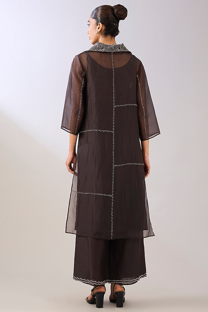 Brown Silk Organza Beads Embroidered Kurta by Peachoo at Pernia's Pop Up Shop