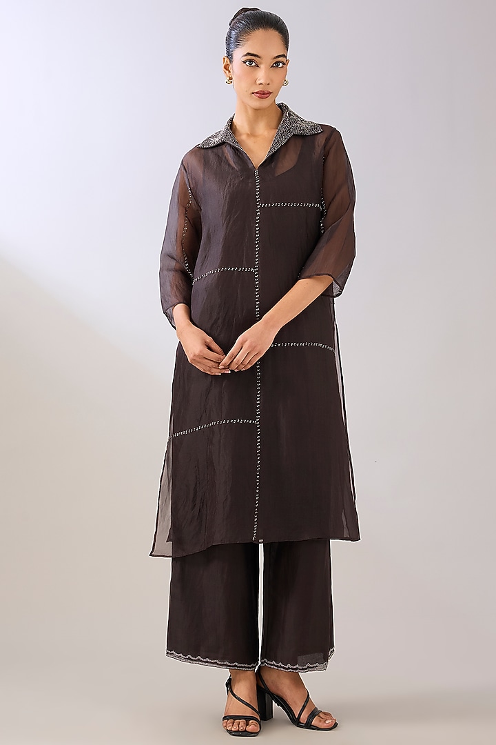Brown Silk Organza Beads Embroidered Kurta by Peachoo at Pernia's Pop Up Shop