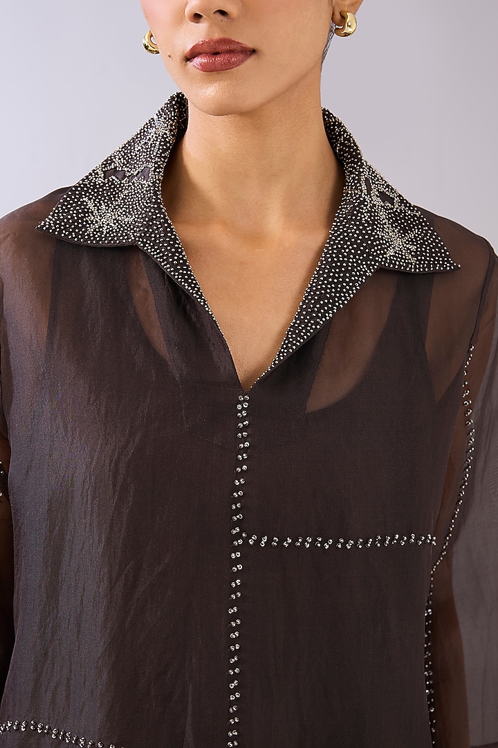 Brown Silk Organza Beads Embroidered Kurta by Peachoo at Pernia's Pop Up Shop