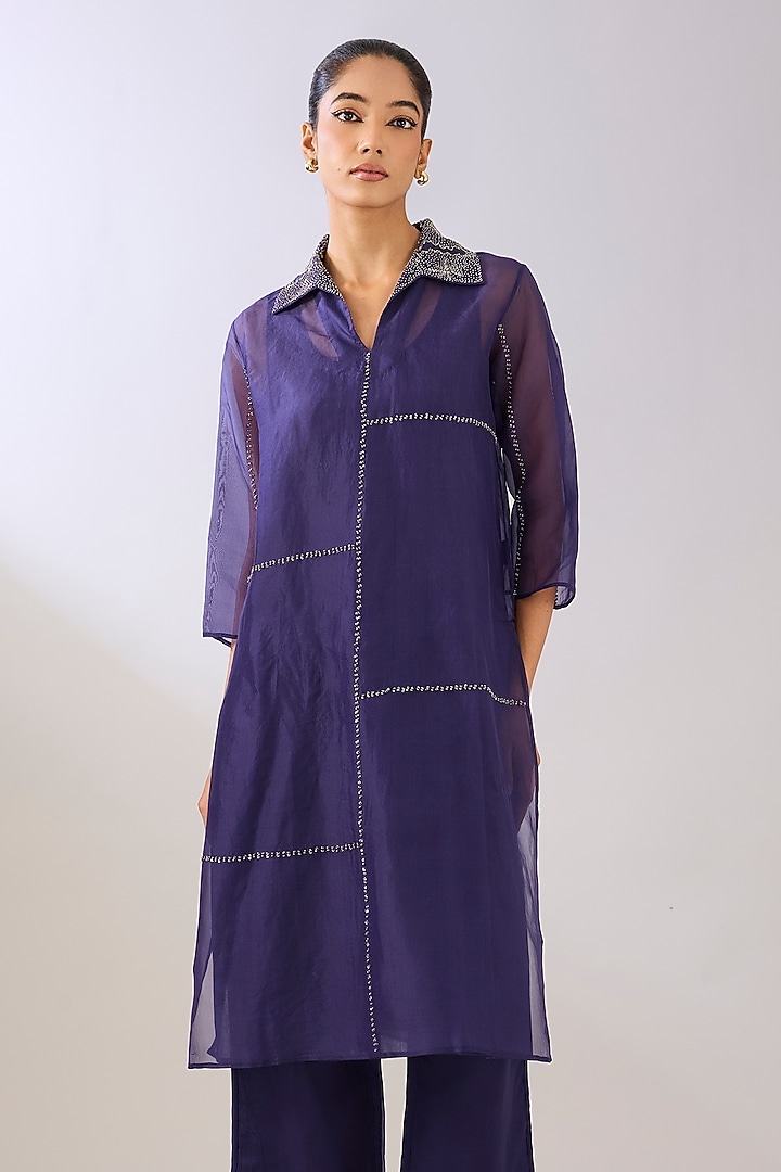 Purple Silk Organza Beads Embroidered Kurta by Peachoo at Pernia's Pop Up Shop