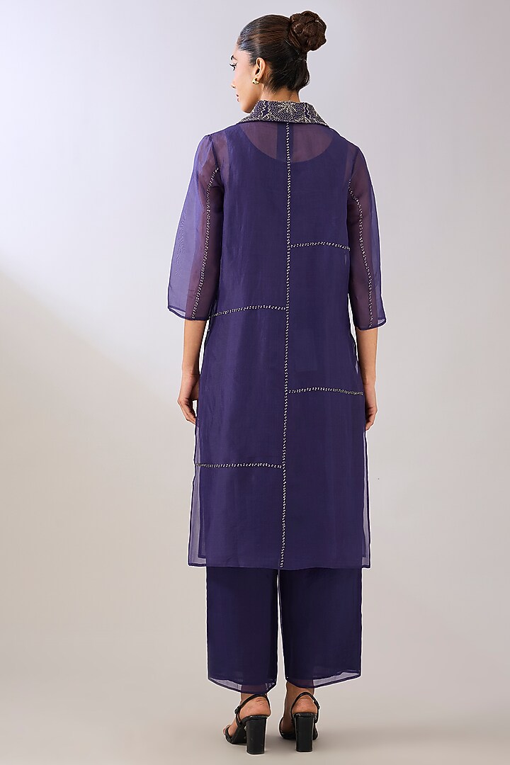 Purple Silk Organza Beads Embroidered Kurta by Peachoo at Pernia's Pop Up Shop
