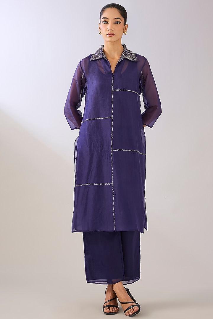 Purple Silk Organza Beads Embroidered Kurta by Peachoo at Pernia's Pop Up Shop