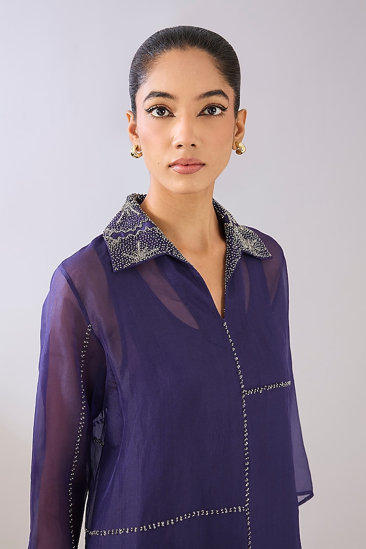 Purple Silk Organza Beads Embroidered Kurta by Peachoo at Pernia's Pop Up Shop
