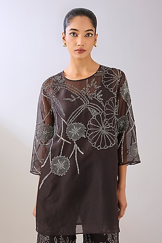 Brown Silk Organza & Silk Satin Beads Embroidered Top by Peachoo