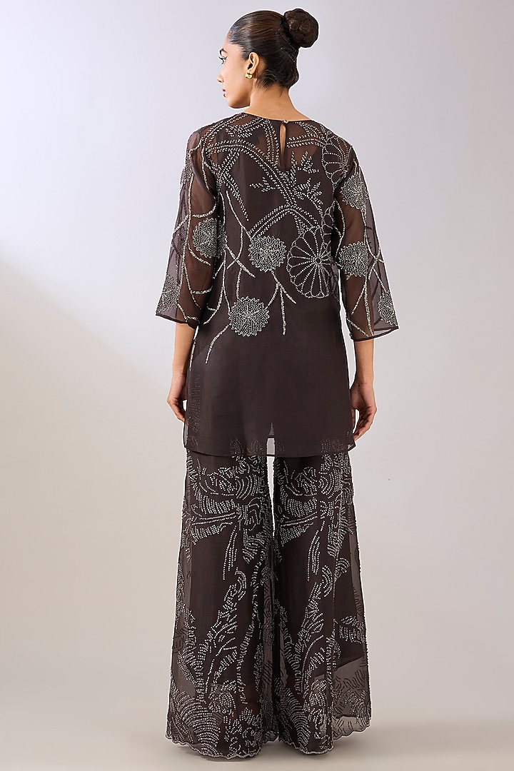Brown Silk Organza & Silk Satin Beads Embroidered Top by Peachoo at Pernia's Pop Up Shop