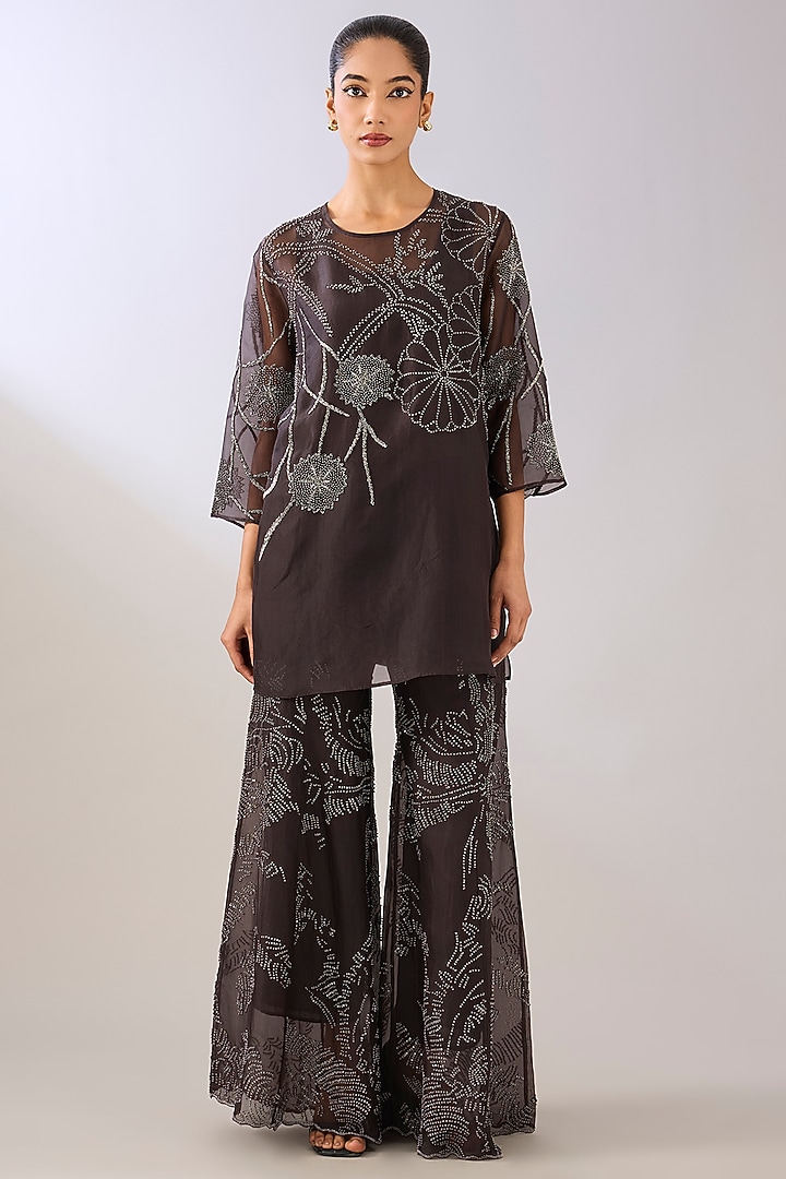 Brown Silk Organza & Silk Satin Beads Embroidered Top by Peachoo at Pernia's Pop Up Shop