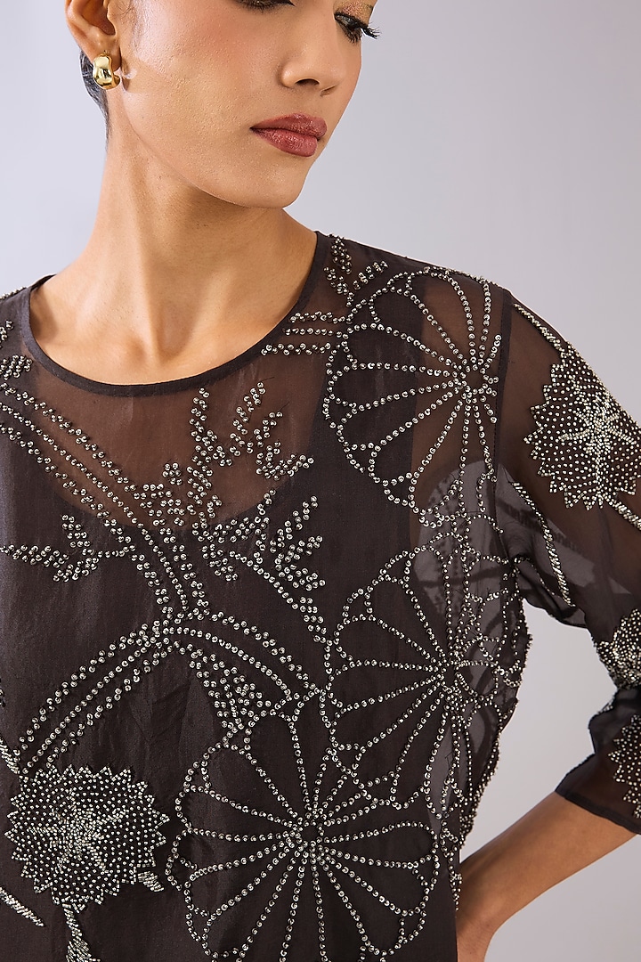 Brown Silk Organza & Silk Satin Beads Embroidered Top by Peachoo at Pernia's Pop Up Shop