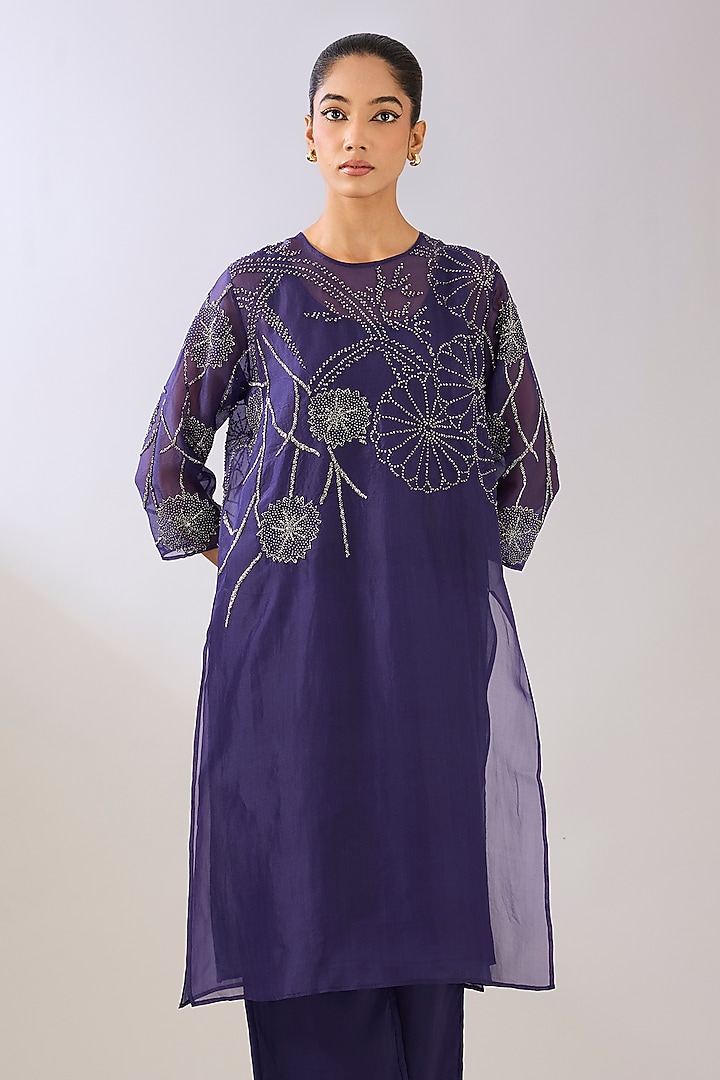Purple Silk Organza & Silk Satin Beads Embroidered Kurta by Peachoo at Pernia's Pop Up Shop