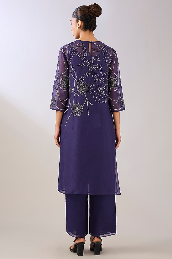 Purple Silk Organza & Silk Satin Beads Embroidered Kurta by Peachoo at Pernia's Pop Up Shop