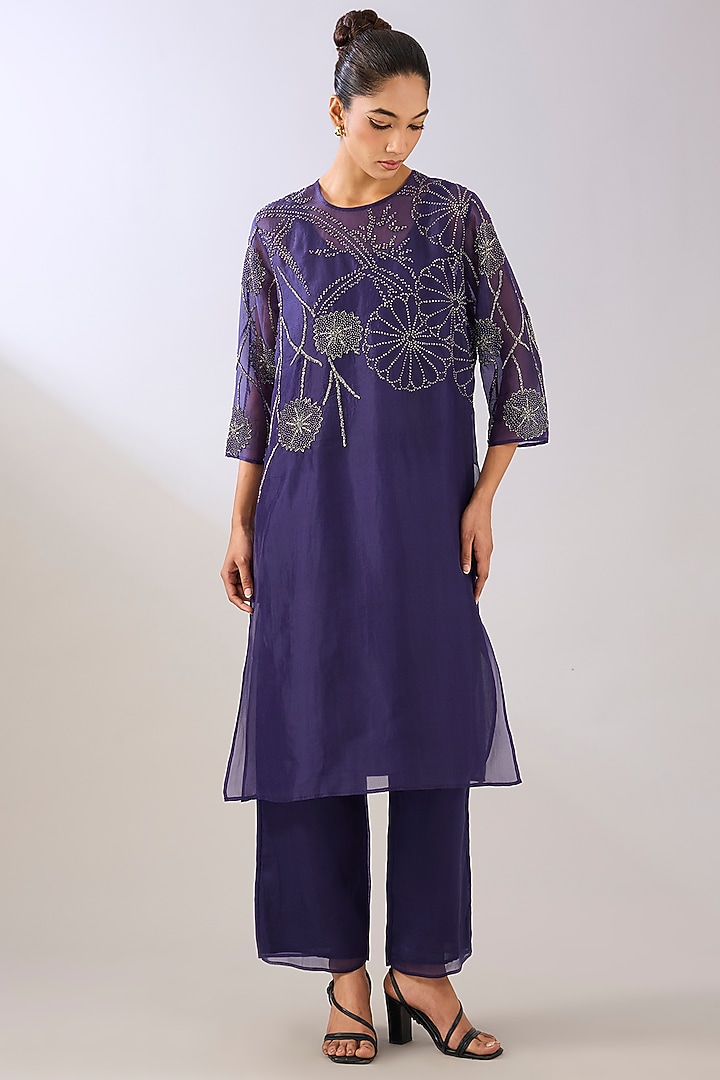 Purple Silk Organza & Silk Satin Beads Embroidered Kurta by Peachoo at Pernia's Pop Up Shop