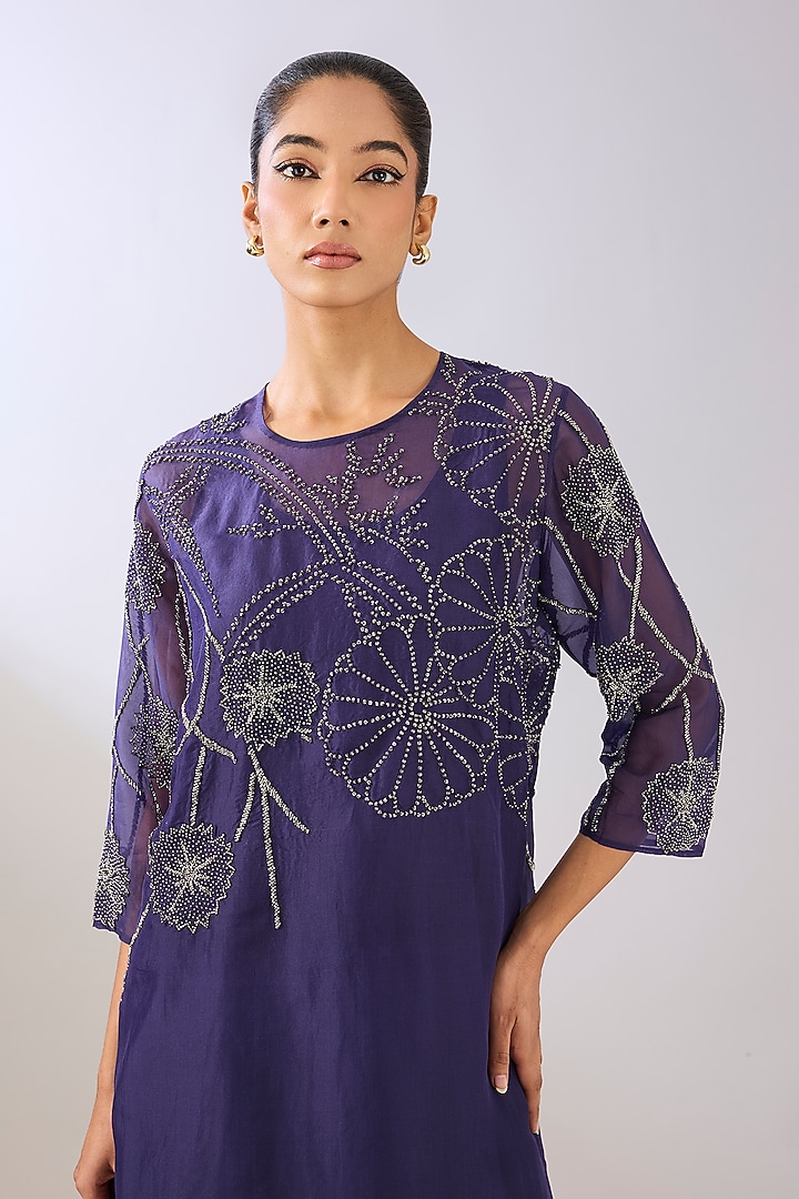 Purple Silk Organza & Silk Satin Beads Embroidered Kurta by Peachoo at Pernia's Pop Up Shop