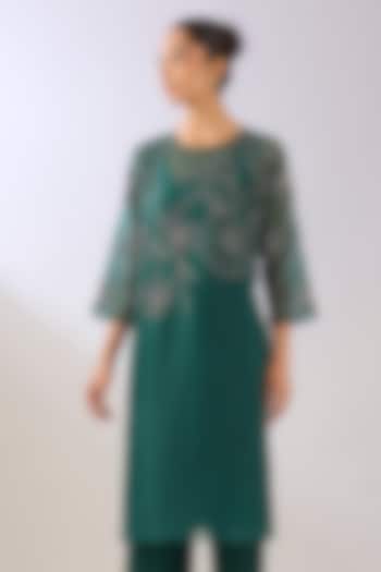 Emerald Green Silk Organza Beads Embroidered Kurta by Peachoo at Pernia's Pop Up Shop