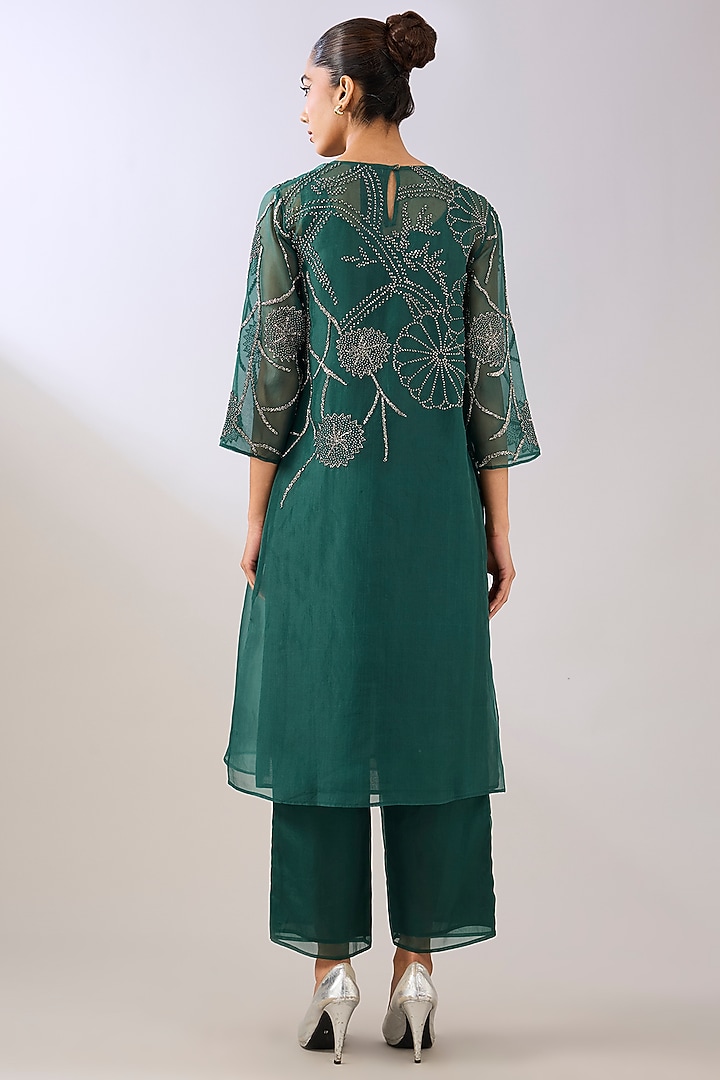 Emerald Green Silk Organza Beads Embroidered Kurta by Peachoo at Pernia's Pop Up Shop