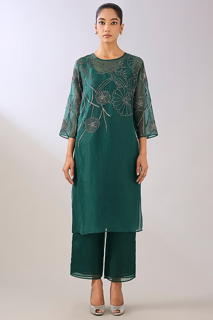 Emerald Green Silk Organza Beads Embroidered Kurta by Peachoo at Pernia's Pop Up Shop