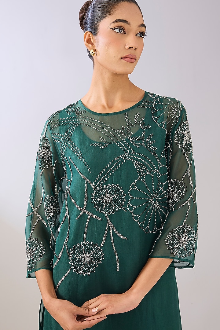 Emerald Green Silk Organza Beads Embroidered Kurta by Peachoo at Pernia's Pop Up Shop
