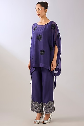 Purple Silk Organza Beads Embroidered Pants by Peachoo