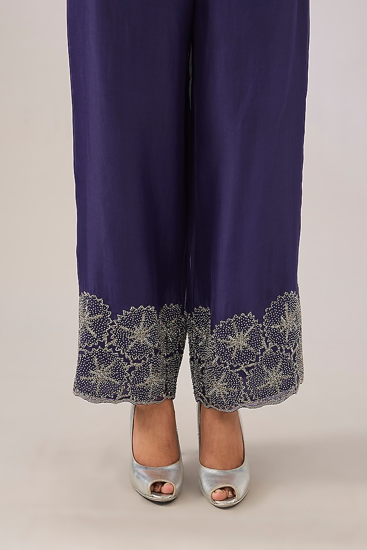 Purple Silk Organza Beads Embroidered Pants by Peachoo at Pernia's Pop Up Shop