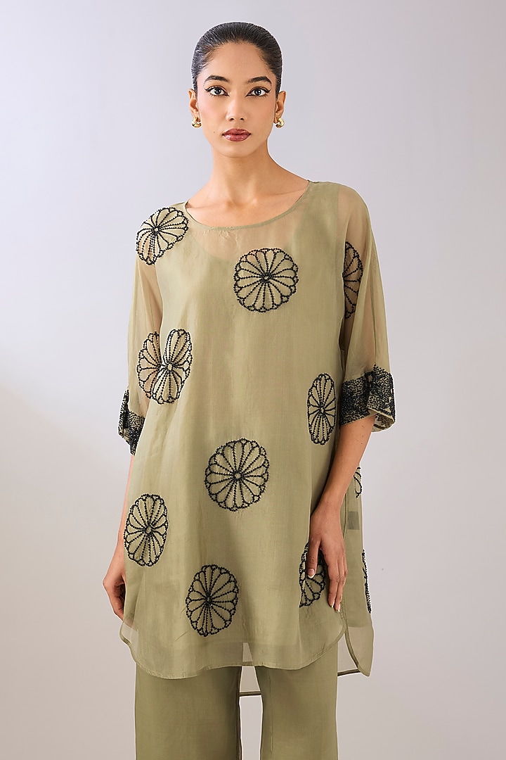 Jade Green Silk Organza Beads Embroidered Tunic by Peachoo at Pernia's Pop Up Shop