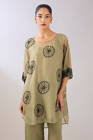 Jade Green Silk Organza Beads Embroidered Tunic by Peachoo