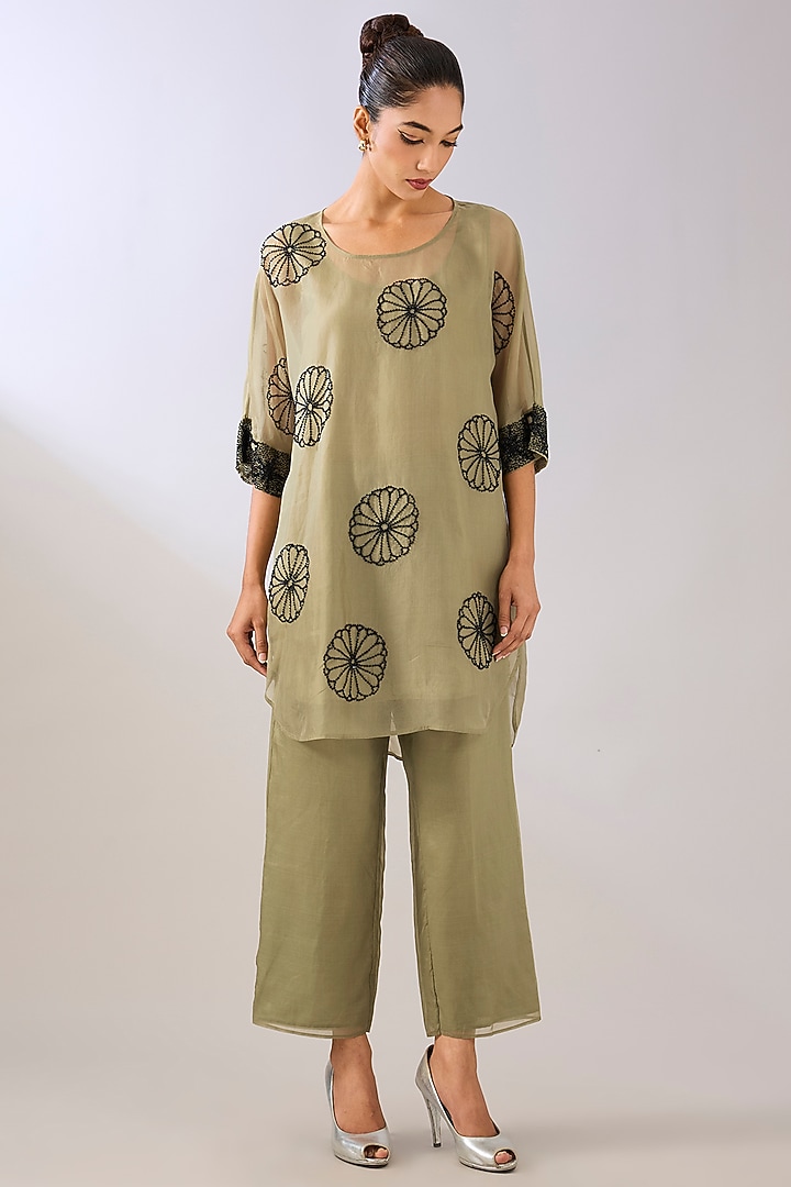 Jade Green Silk Organza Beads Embroidered Tunic by Peachoo at Pernia's Pop Up Shop