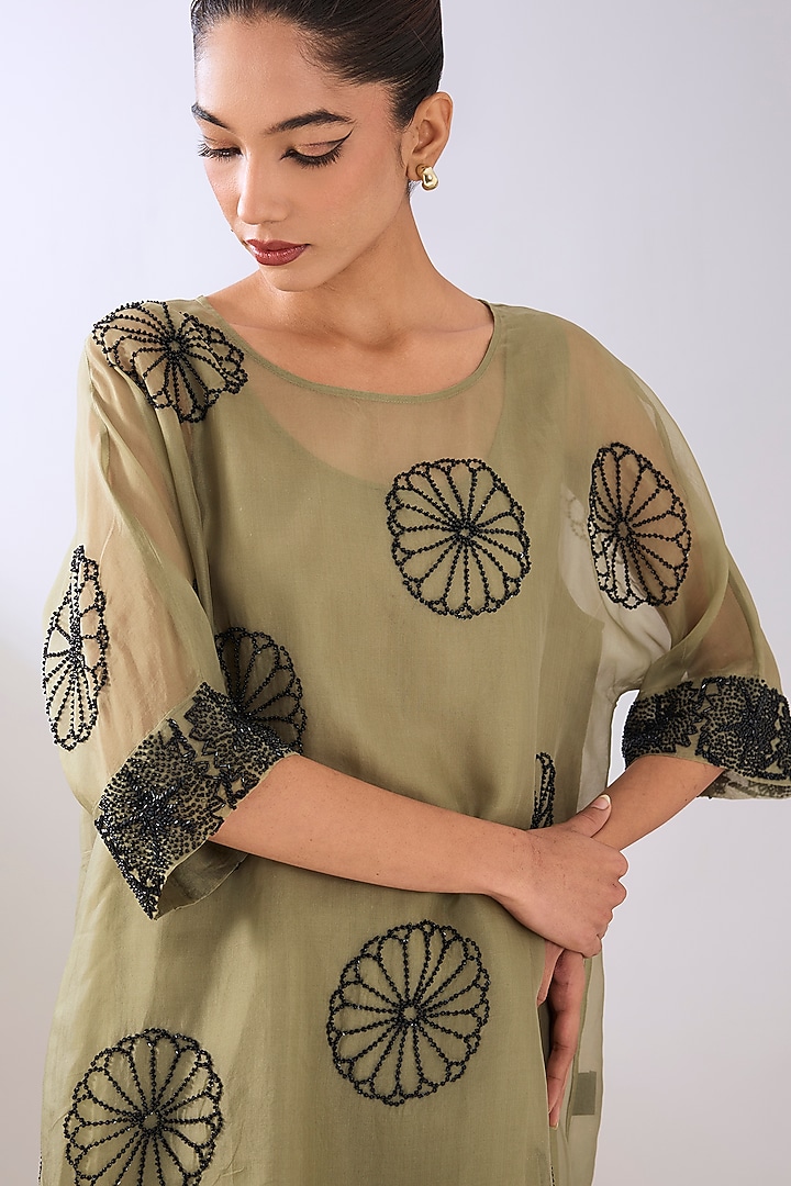 Jade Green Silk Organza Beads Embroidered Tunic by Peachoo at Pernia's Pop Up Shop