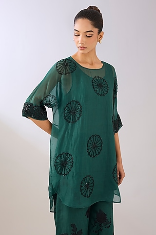 Emerald Green & Black Silk Organza Beads Embroidered Tunic by Peachoo