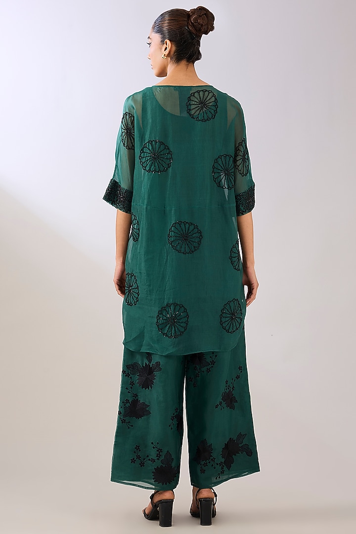 Emerald Green & Black Silk Organza Beads Embroidered Tunic by Peachoo at Pernia's Pop Up Shop