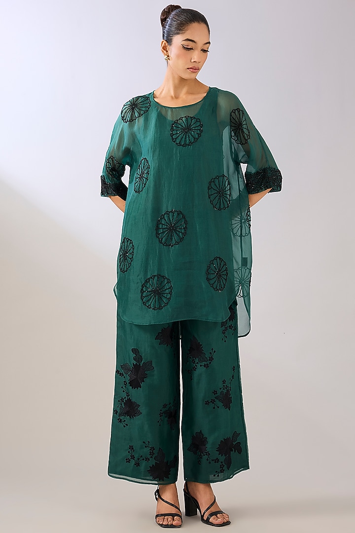 Emerald Green & Black Silk Organza Beads Embroidered Tunic by Peachoo at Pernia's Pop Up Shop