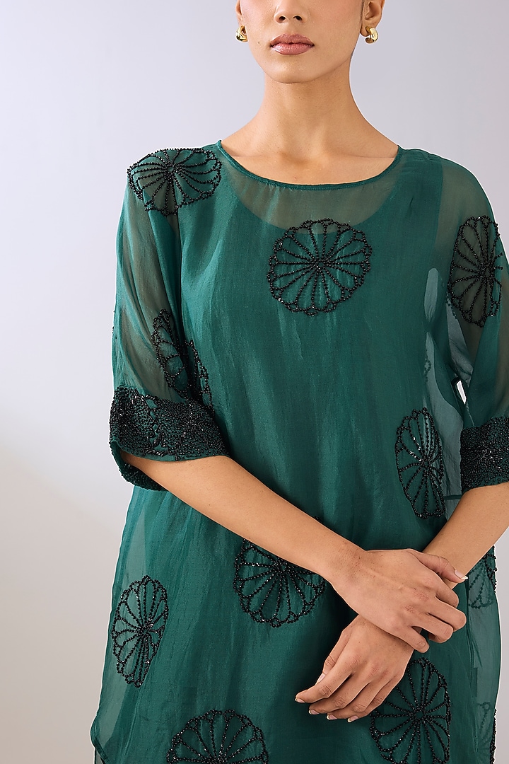 Emerald Green & Black Silk Organza Beads Embroidered Tunic by Peachoo at Pernia's Pop Up Shop