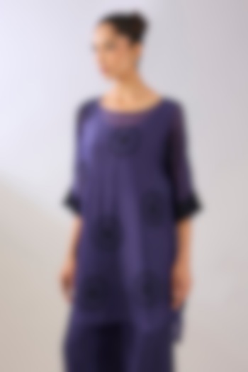 Purple & Black Silk Organza Beads Embroidered Tunic by Peachoo at Pernia's Pop Up Shop