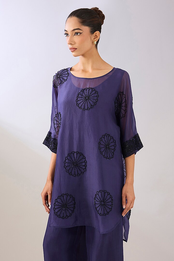 Purple & Black Silk Organza Beads Embroidered Tunic by Peachoo at Pernia's Pop Up Shop