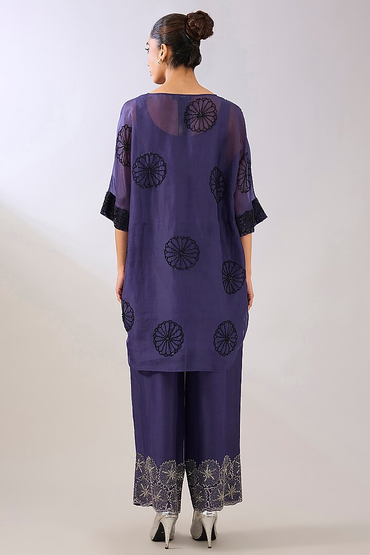 Purple & Black Silk Organza Beads Embroidered Tunic by Peachoo at Pernia's Pop Up Shop