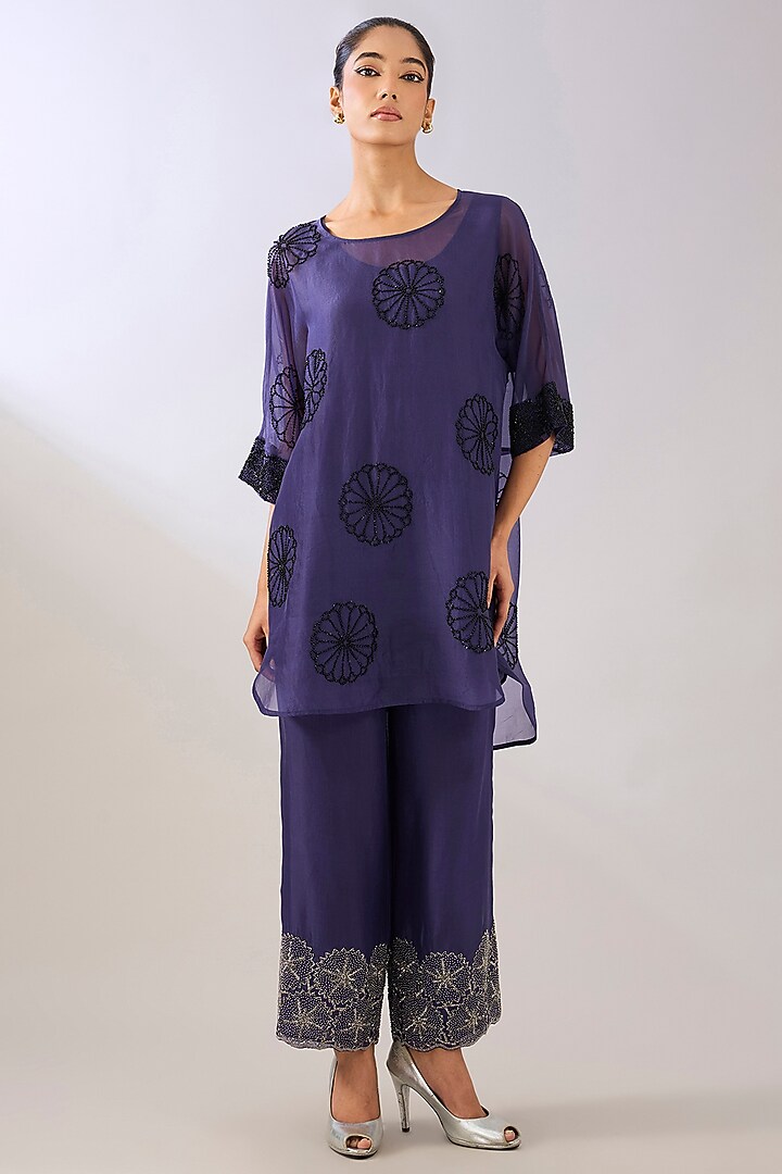 Purple & Black Silk Organza Beads Embroidered Tunic by Peachoo at Pernia's Pop Up Shop