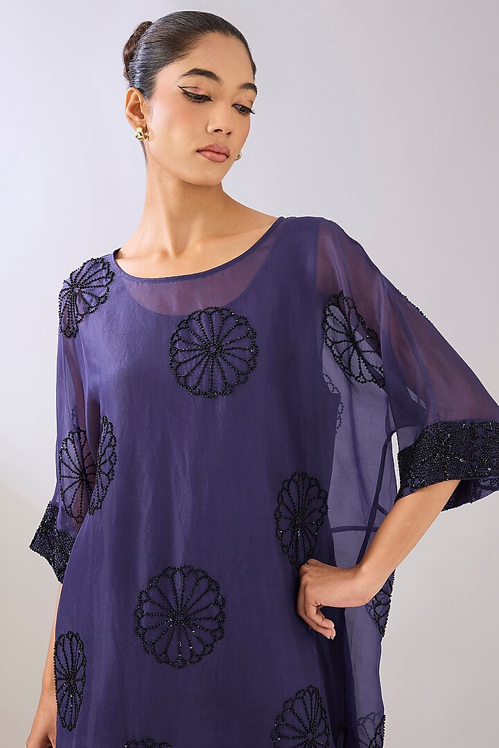 Purple & Black Silk Organza Beads Embroidered Tunic by Peachoo at Pernia's Pop Up Shop