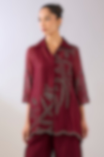 Ruby & Black Silk Organza Beads Embroidered Tunic by Peachoo at Pernia's Pop Up Shop