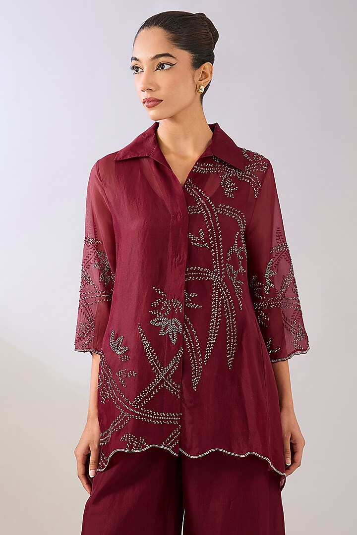 Ruby & Black Silk Organza Beads Embroidered Tunic by Peachoo at Pernia's Pop Up Shop