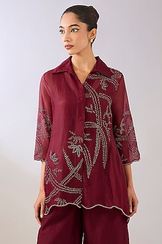 Ruby & Black Silk Organza Beads Embroidered Tunic by Peachoo