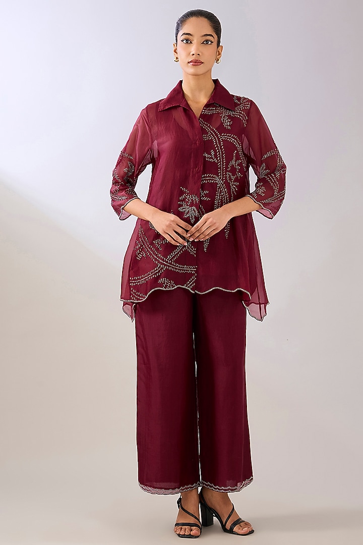 Ruby & Black Silk Organza Beads Embroidered Tunic by Peachoo at Pernia's Pop Up Shop
