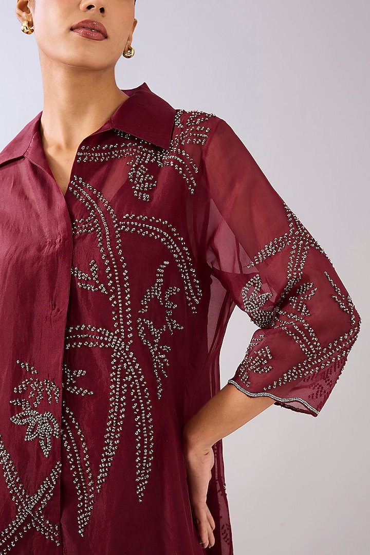 Ruby & Black Silk Organza Beads Embroidered Tunic by Peachoo at Pernia's Pop Up Shop