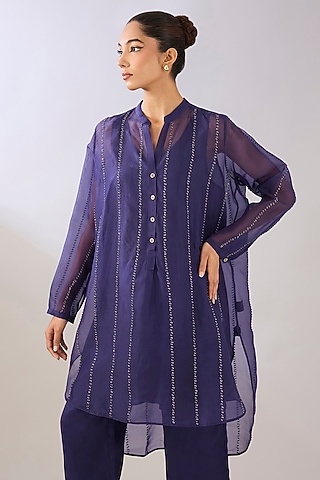 Purple & Black Silk Organza Beads Embroidered Shirt by Peachoo