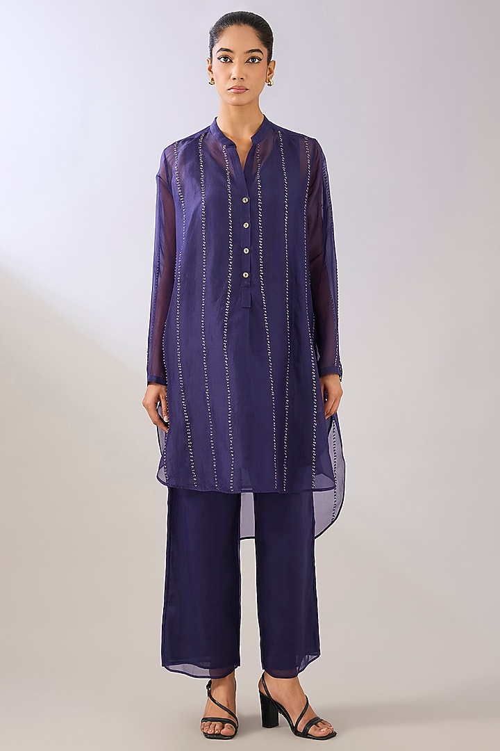Purple & Black Silk Organza Beads Embroidered Shirt by Peachoo at Pernia's Pop Up Shop
