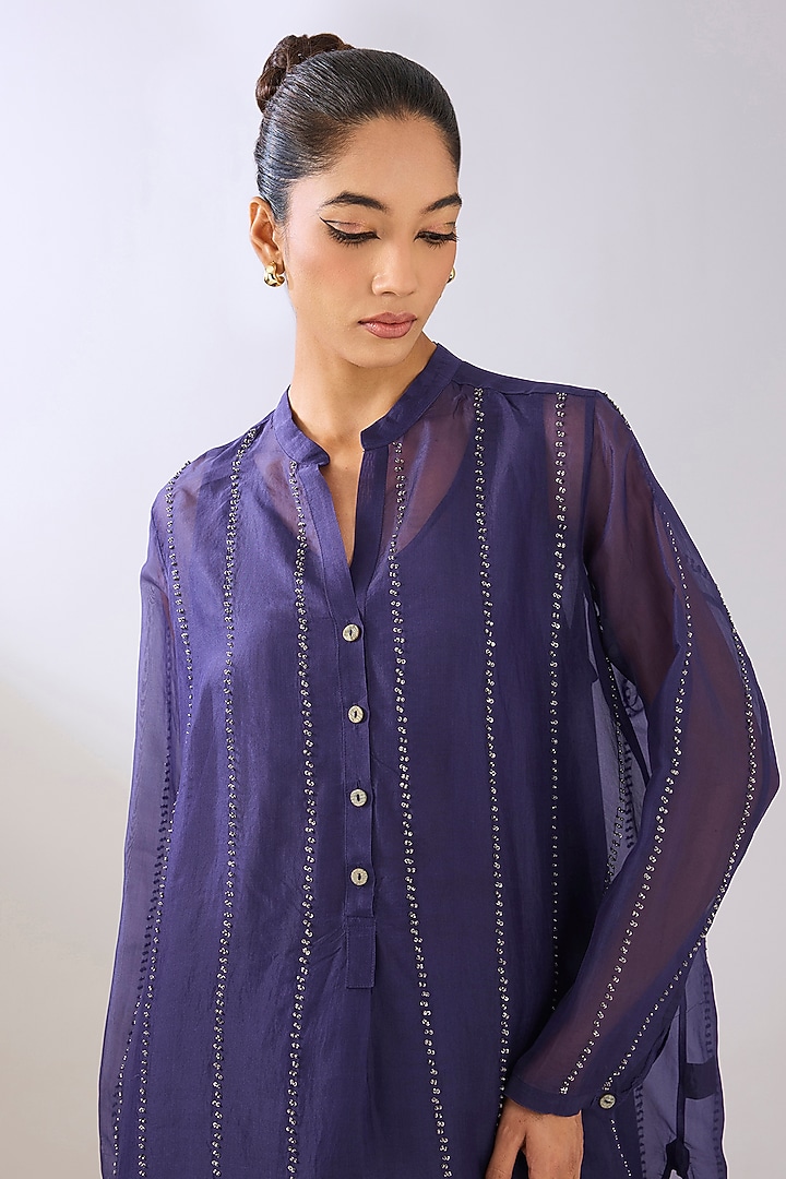 Purple & Black Silk Organza Beads Embroidered Shirt by Peachoo at Pernia's Pop Up Shop