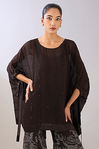 Brown & Black Silk Georgette Embroidered Top by Peachoo
