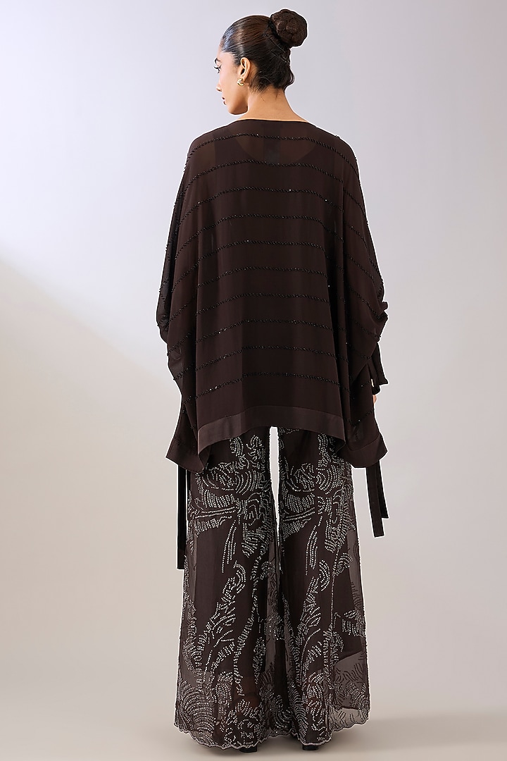 Brown & Black Silk Georgette Embroidered Top by Peachoo at Pernia's Pop Up Shop